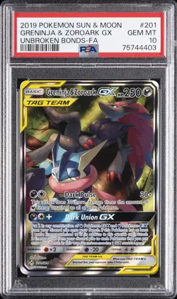 2019 POKEMON SUN & MOON UNBROKEN BONDS FULL ART/GRENINJA & ZOROARK GX PSA 10 - Image 1