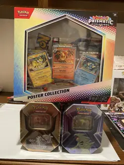 Pokemon TCG Prismatic Evolutions PE Poster + 2 Pokemon Tins Bundle Brand New - Image 1