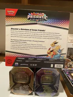 Pokemon TCG Prismatic Evolutions PE Poster + 2 Pokemon Tins Bundle Brand New - Image 2