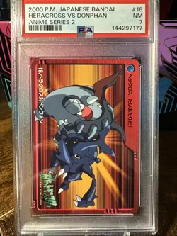 2000 Pokemon Japanese Bandai Anime Vending #18 Heracross Vs Donphan PSA 7 - Image 1