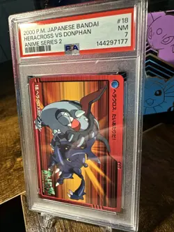 2000 Pokemon Japanese Bandai Anime Vending #18 Heracross Vs Donphan PSA 7 - Image 3