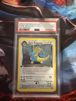 DARK DRAGONITE 1st Edition 5/82 🔥 HAND SWIRL 🔥 TEAM ROCKET HOLO PSA 7 - Image 1