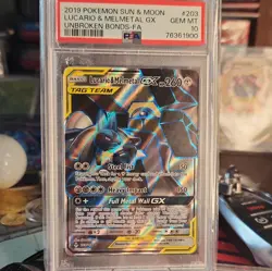 2019 POKEMON SUN & MOON UNBROKEN BONDS FULL ART/LUCARIO & MELMETAL GX PSA 10 - Image 2