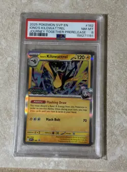 PSA 8 Iono's Kilowattrel JTG Prerelease-Staff 182 2025 Pokemon SVP Promo Card - Image 1