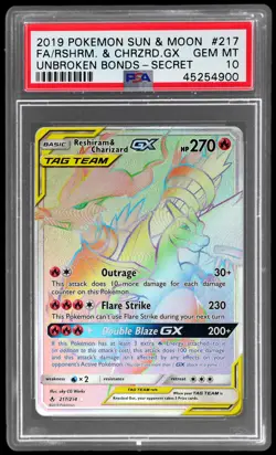 2019 Pokemon Sun And Moon Unbroken Bonds Charizard Gx/reshiram #217 PSA 10 Gx - Image 1
