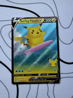 Pokemon 2021 TCG SWSH Celebrations Ultra Rare Surfing Pikachu V Card 008/025 - Image 1
