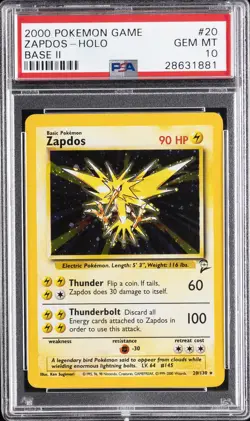 2000 POKEMON BASE SET 2 #20 ZAPDOS-HOLO PSA 10 - Image 1