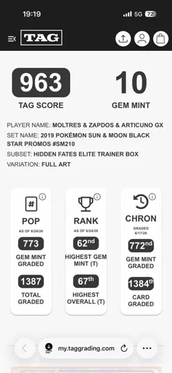 Pokemon Moltres Zapdos Articuno GX SM210 Hidden Fate Promo TAG 10 Gem Mint - Image 3