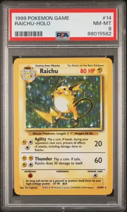 Pokemon 1999 Raichu #14/102 Base Set Holo PSA 8 - Image 1