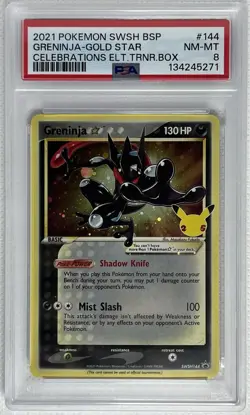 Pokemon Celebrations Greninja Gold Star ETB Black Star Promo SWSH144 PSA 8 NM - Image 1