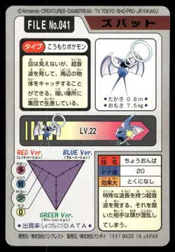 Zubat No. 041 1997 Bandai Carddass Series 3-4 Pokemon Japanese - Image 2