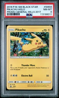 2016 POKEMON SM BLACK STAR PROMO GENERAL MILLS 2017 #SM04 PIKACHU-HOLO PSA 8 - Image 1