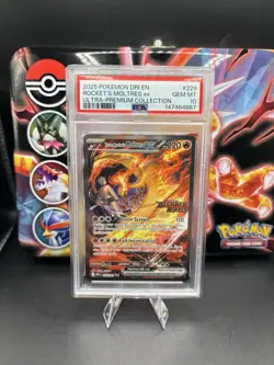 2025 Pokemon Destined Rivals Team Rocket's Moltres ex #229 PSA 10 Stamped UPC - Image 1