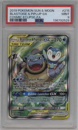 PSA 9 Blastoise & Piplup Gx 215/236 Cosmic Eclipse Alternate Art POKEMON - Image 1