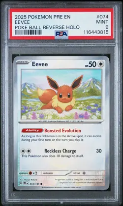 2025 POKEMON PRE EN-PRISMATIC EVOLUTIONS POKE BALL REVERSE HOLO #074 EEVEE PSA 9 - Image 1