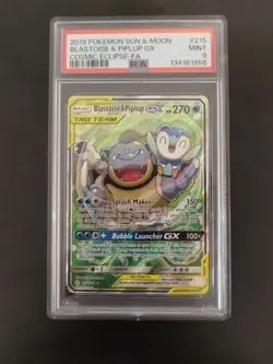 PSA 9 Blastoise & Piplup Gx 215/236 Cosmic Eclipse Alternate Art POKEMON - Image 1