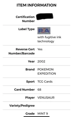 2002 Pokemon Expedition Venusaur 68/165 PSA 9 MINT - Image 5