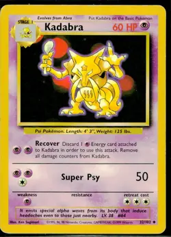 1999 Pokemon TCG Base Set Unlimited Kadabra MP - Image 1
