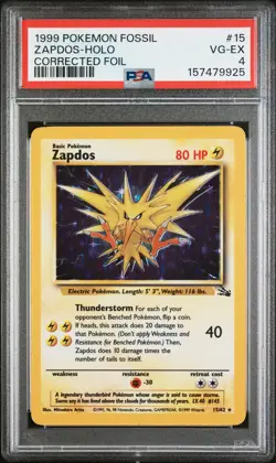 1999 POKEMON FOSSIL CORRECTED FOIL #15 ZAPDOS-HOLO PSA 4 - Image 1