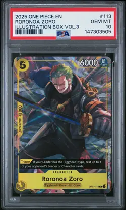 2025 ONE PIECE PROMOS ILLUSTRATION BOX VOL.3 #113 RORONOA ZORO PSA 10 - Image 1