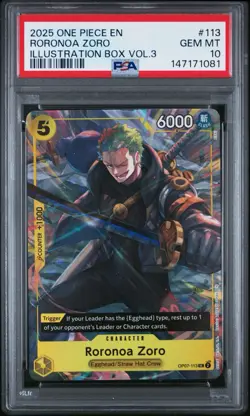 2025 ONE PIECE PROMOS ILLUSTRATION BOX VOL 3 #113 RORONOA ZORO PSA 10 - Image 1