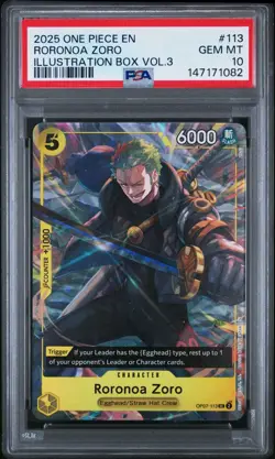2025 ONE PIECE PROMOS ILLUSTRATION BOX VOL 3 #113 RORONOA ZORO PSA 10 - Image 3
