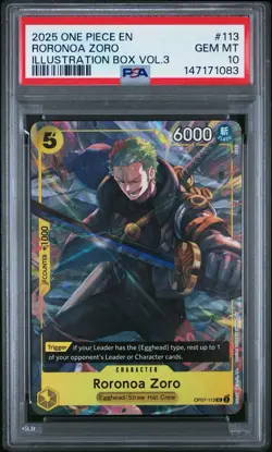 2025 ONE PIECE PROMOS ILLUSTRATION BOX VOL 3 #113 RORONOA ZORO PSA 10 - Image 5