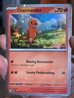 POKEMON CHARMANDER 007/091 COMMON COSMOS HOLO WITH SWIRL PALDEAN FATES NM CARD - Image 1