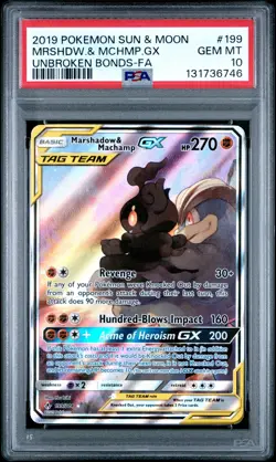 2019 POKEMON SUN & MOON UNBROKEN BONDS FULL ART/MARSHADOW & MACHAMP GX PSA 10 - Image 1