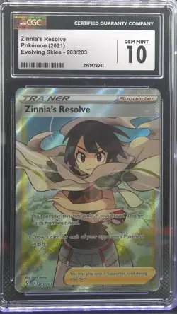 CGC 10 Gem MINT Zinnia's Resolve, SWSH Evolving Skies Pokemon Full Art, 203/203 - Image 1