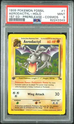 Pokemon PSA 9 Aerodactyl #1 Cosmos Holo 1st Ed Fossil Prerelease 1999 English - Image 1