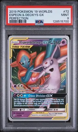 2019 POKEMON WORLD CHAMPIONSHIPS PROMO #72 ESPEON & DEOXYS GX WORLD CHAMP PSA 9 - Image 1