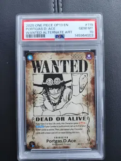 ONE PIECE 2025 OP13 #119 PORTGAS D. ACE ERROR WANTED POSTER PSA 10. - Image 1