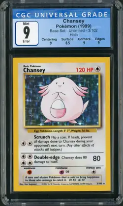 1999 Pokemon Base Set Chansey Square Cut Error Holo Rare #3 CGC 9 - Image 1
