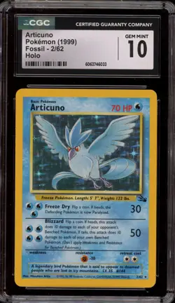 Pokemon Articuno Fossil Unlimited Holo Rare #2 CGC 10 Gem Mint - Image 1