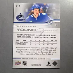 Upper Deck 2025-26 Extended Series Young Guns Rookie Tom Willander #717 VAN - Image 2