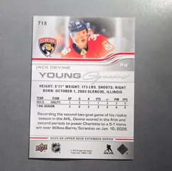 Upper Deck 2025-26 Extended Series Young Guns Rookie Jack Devine #715 FLA - Image 2