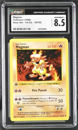 CGC 8.5 Magmar 1999 Base Set Shadowless 1st Edition 36/102 Pokemon Card - Image 1