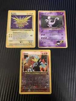 Lot Of 3 Damaged Pokemon Vintage Cards Rocket’s Mewtwo, Zapdos, Entei Promo - Image 1