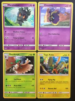 4 X HOLO PROMO Decidueye SM55 Tapu Koko SM31 Marshadow SM93 Cosmog Pokemon Card - Image 1