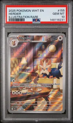 2025 POKEMON WHT EN-WHITE FLARE ILLUSTRATION RARE #155 HERDIER PSA 10 - Image 1