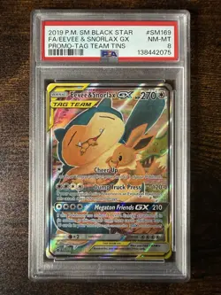 2019 POKEMON SM BLACK STAR PROMO TAG TEAM TINS FULL ART/EEVEE & SNORLAX GX PSA 8 - Image 1