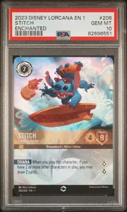 2023 DISNEY LORCANA EN 1-THE FIRST CHAPTER #206 STITCH - CAREFREE SURFER PSA 10 - Image 1
