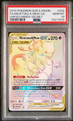 PSA 10 Pokemon Mewtwo & Mew Tag Team GX Holo Unified Minds 242/236 Secret Rare - Image 1