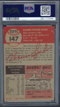 1953 Topps Baseball , Warren Spahn, Card # 147, Graded PSA 5. - Image 2