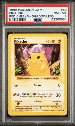 1999 POKEMON GAME RED CHEEKS-SHADOWLESS #58 PIKACHU PSA 8 - Image 1