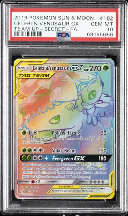 2019 POKEMON SUN & MOON TEAM UP SECRET #182 FULL ART/CELEBI & VENUSAUR GX PSA 10 - Image 1