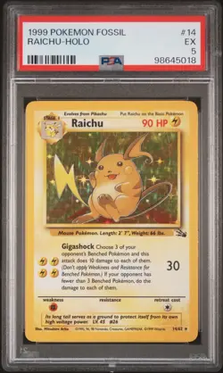 PSA 5 Raichu Holo 14/62 Fossil 1999 Pokemon Card - Image 1