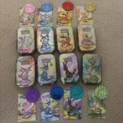 Prismatic Evolutions *EMPTY* Mini Tin Complete Set Of 8 (Tin + Card + Coin) - Image 1
