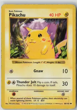 Pikachu (Red Cheeks) 58/102 Common Base Set Shadowless Pokemon MP - Image 1